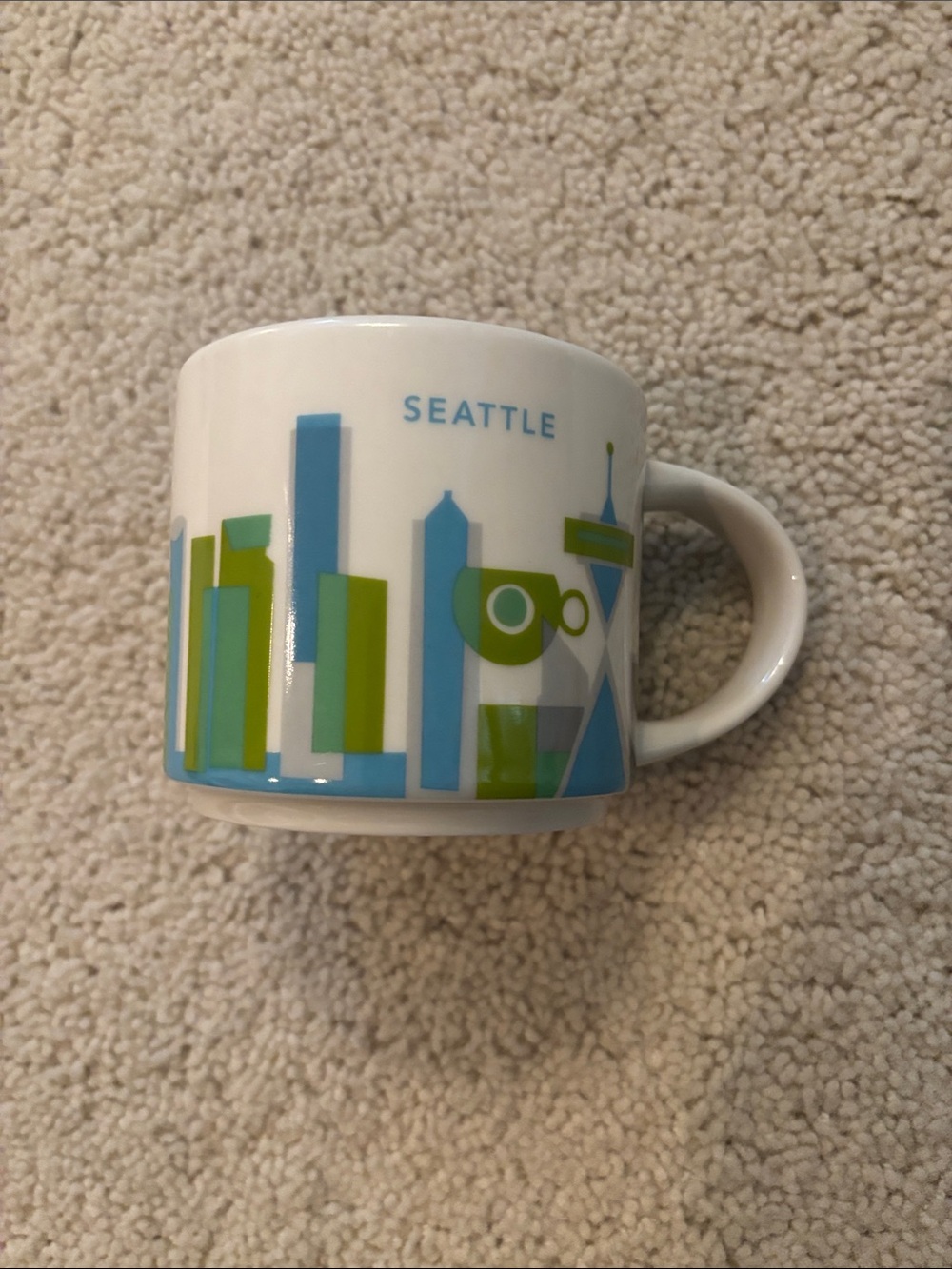 NWOT Starbucks You are here Seattle Skyline Mug - White with Blue & Green